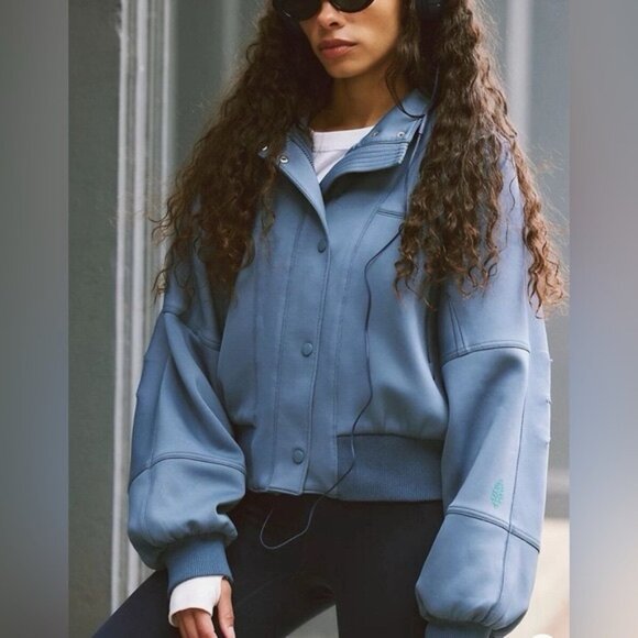 Free People FP Movement Off to the Races Bomber Jacket Blue NWOT M - Picture 1 of 12